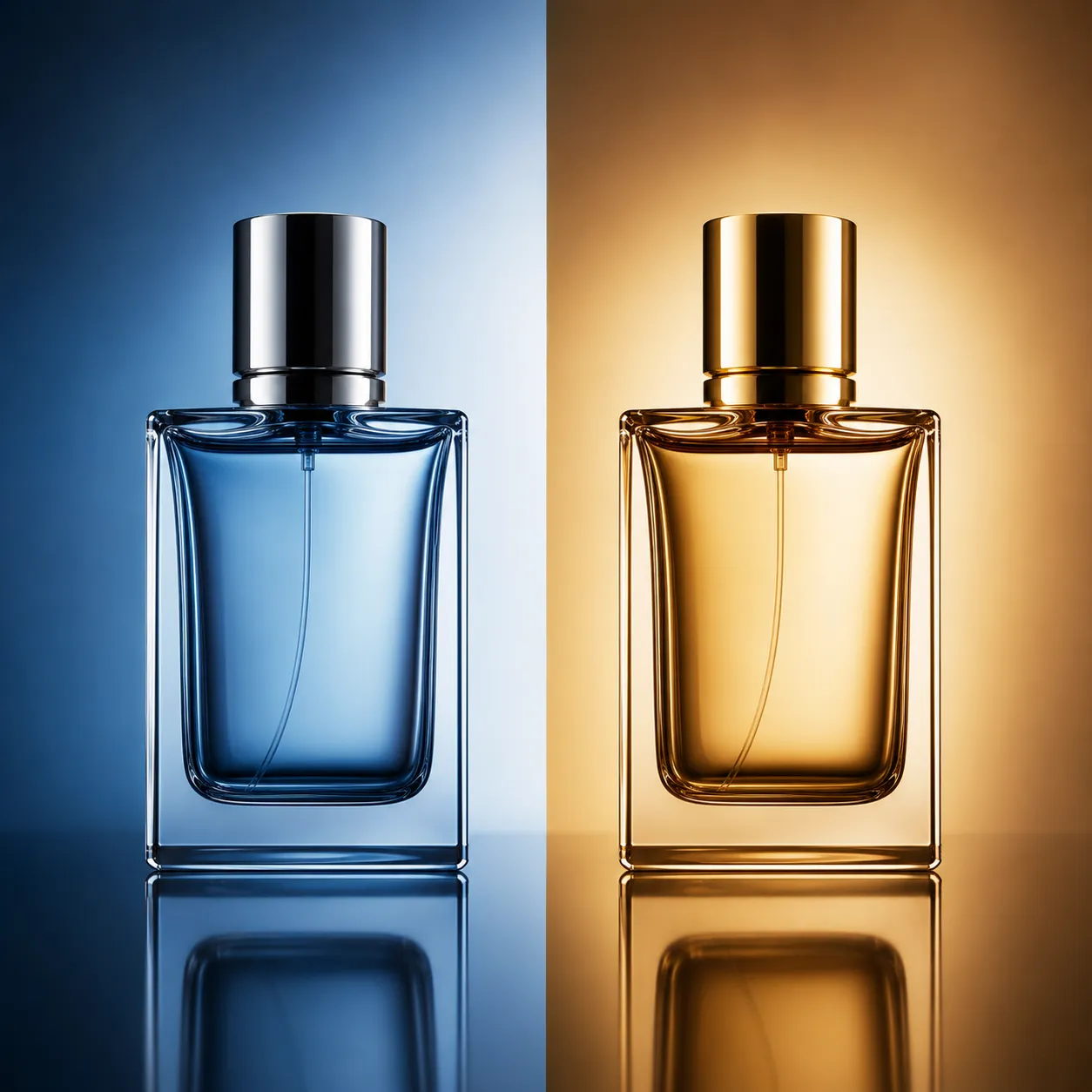 Dior-style perfume bottles in blue and gold tones